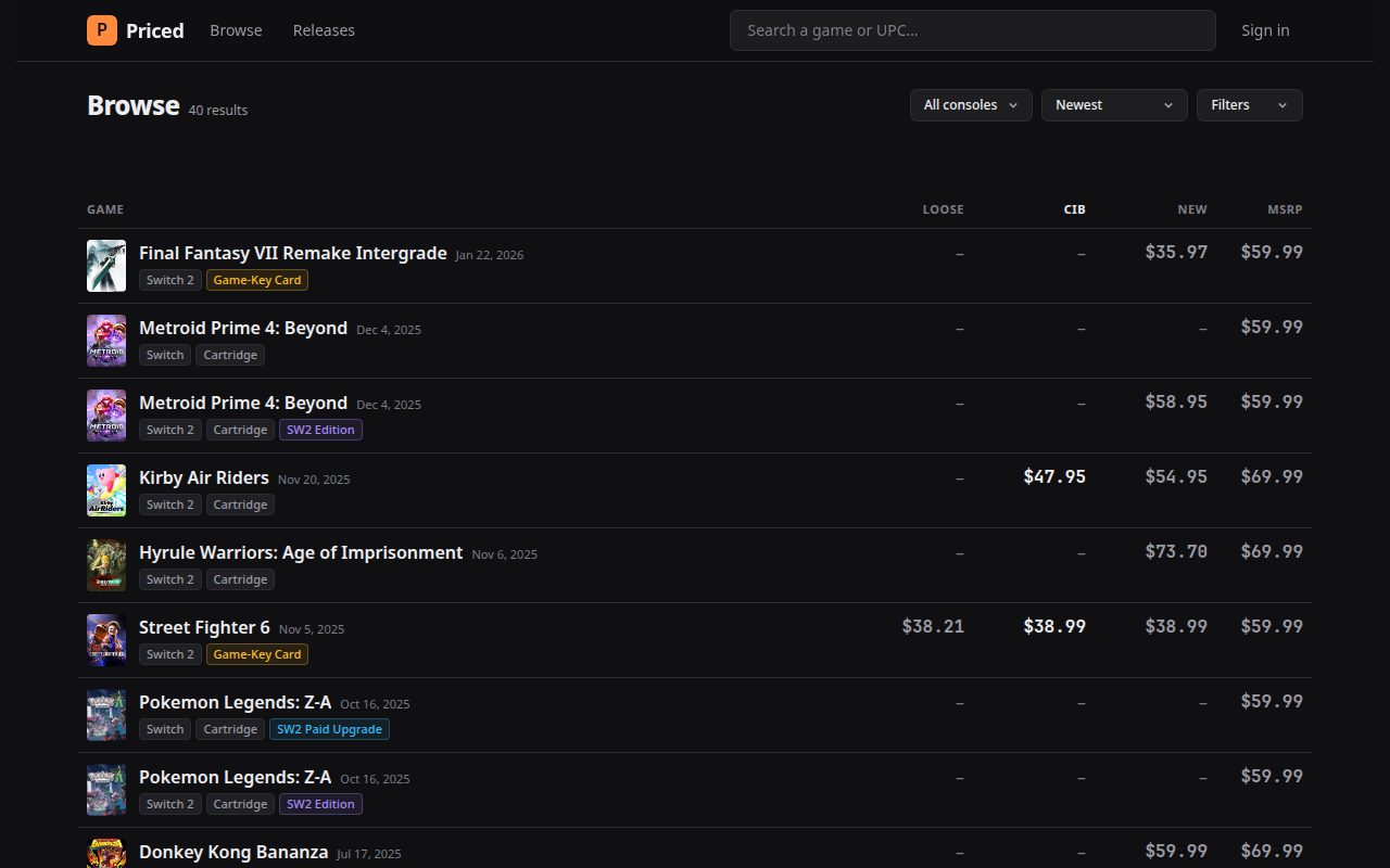 The Priced browse page listing Switch and Switch 2 games with their prices