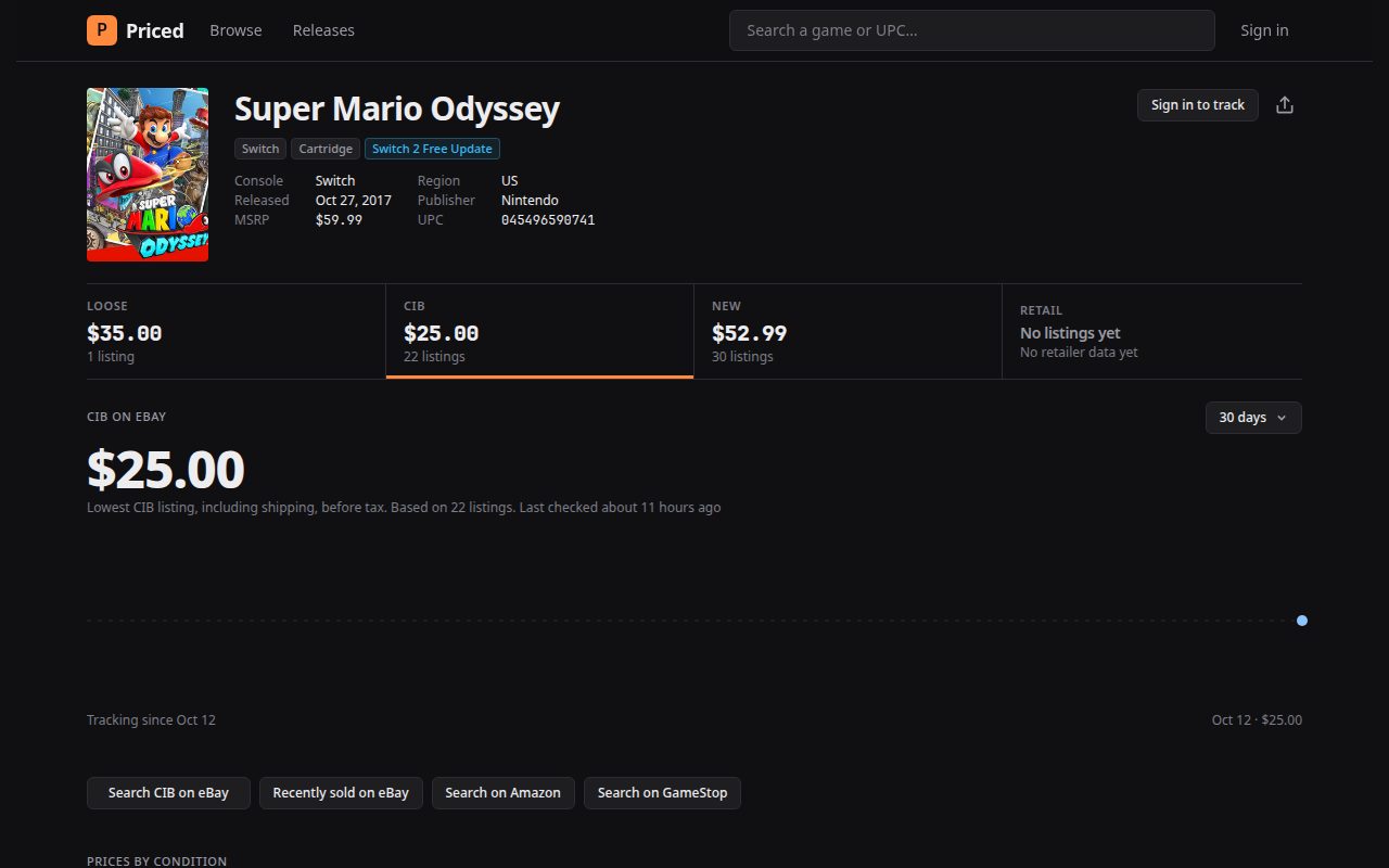 A Priced game page for Super Mario Odyssey showing Loose, CIB and New prices and links to retailers
