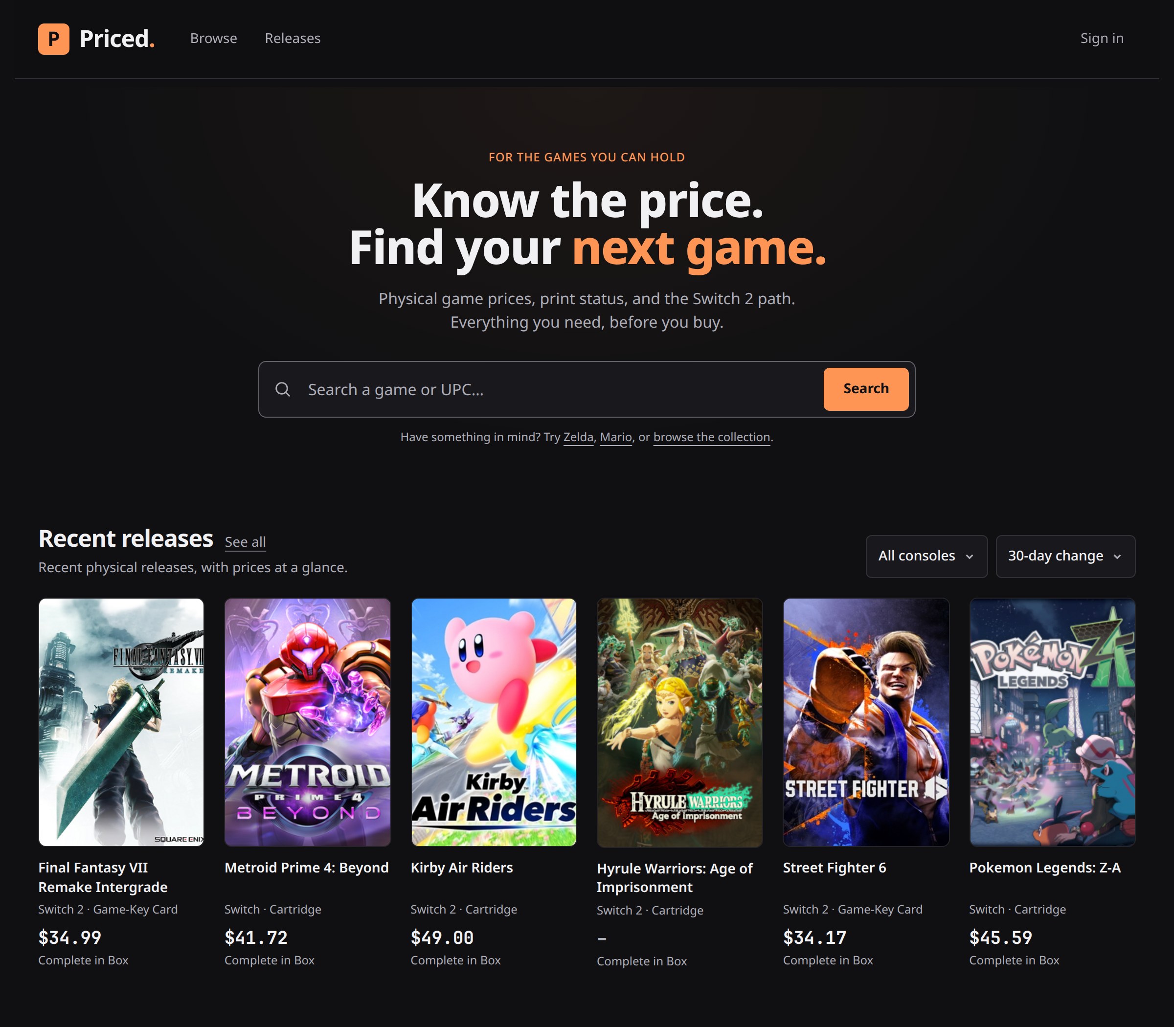 Priced home page showing physical Switch games, price summaries, and ways to browse the catalog